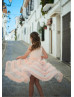 High Neck Peach Tulle Ruffled Twirl Flower Girl Dress